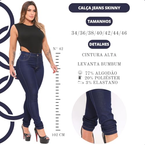 Calça Jeans Skinny Feminina Cintura Alta Com Elastano Empina Levanta Bumbum Calças Premium (BR, Cint