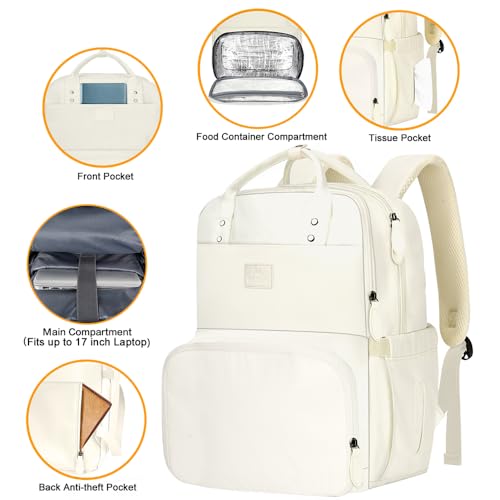 Image of MATEIN Womens Backpack with Lunch Box, 17 Inch Laptop Backpack with Cooler Compartment for Lunch Containers, Large Computer Backpack for Travel Work College Daily, Beige