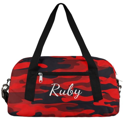 Red Camouflage Custom Kids Duffel Bags Personalized Customized Girls Dance Bag Custom Name Sports Gym Bag Foldable Overnight Weekender Sleepover Carry On Travel Tote Bag for Boys Girls