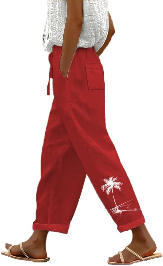 Linen Boho Pants for Women Butterfly Print Loose Casual Pants with Pockets Comfy El...