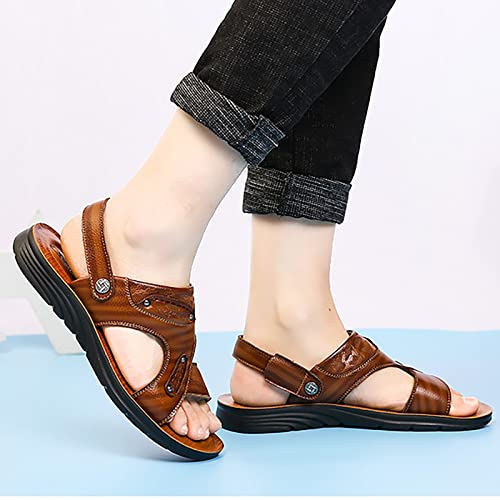 CLSQLXYJZC Mens Non-slip Open Toe Sandals, Summer Lightweight and Durable Beef Tendon Outsole Beach Sandals, Comfortable Adjustable the Heel Strap Leather Slippers3