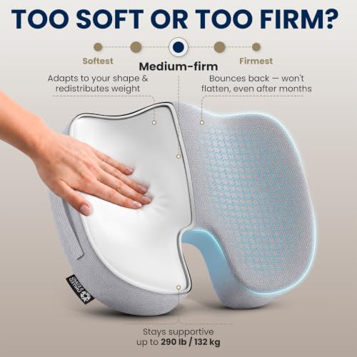Image of 5 STARS UNITED Seat Cushion - Memory Foam Chair Cushion for Tailbone Pain Relief - Ergonomic Support for Coccyx, Sciatica & Butt - Office, Desk & Gaming Chair, Car Seat, Wheelchair, Airplane, L Gray