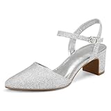 mysoft Women's Pumps 2 Inch Chunky Block Heel Pointed Toe Ankle Strap Slingback Wedding Party Dress Shoes Silver Glitter