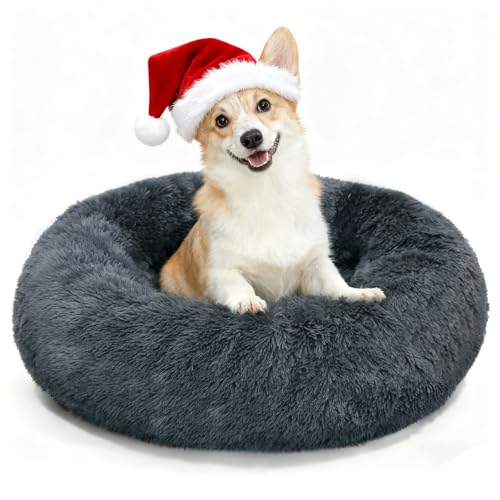 MDDK DY Hundebett,Katzenbett Flauschig,Hundekorb,Waschbar, Hundekissen 50cm, Hundekörbchen Rund aus Plüsch, Hundesofa, Katzenkorb, Hundebett für Kleine Mittel Hunde, Katzen Dunkelgrau