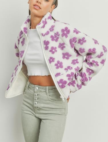 chouyatou Women's Fall Winter Casual Cute Floral Fleece Jacket Fuzzy Zip Up Sherpa Jacket Faux Fur Coat4