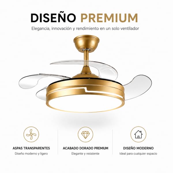 Bilake Ventilador de Techo con luz 72W | Silencioso Motor DC | Aspas retractiles Plegables | Lampara Ventilador de Techo Dorado Destro