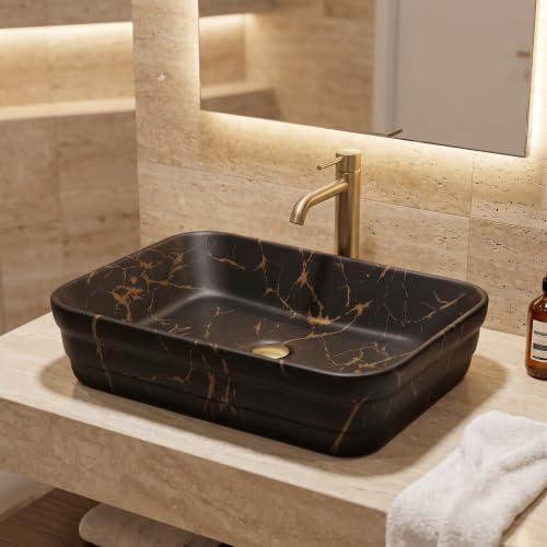 Image of InArt 1081 Wash Basin for Bathroom, Matt Black Marble Tabletop Washbasin, Ceramic Countertop Vessel Sink, 500 x 350 x 130 mm Rectangular Bathroom Sink for Vanity