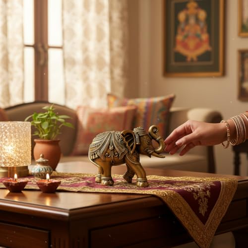 Image of Lamcy PlazaDecorative Elephant Showpiece for Home Decor | Golden Elephant Statue with Raised Trunk | Vastu Feng Shui Lucky Elephant Figurine for Living Room, Office Desk & Gift