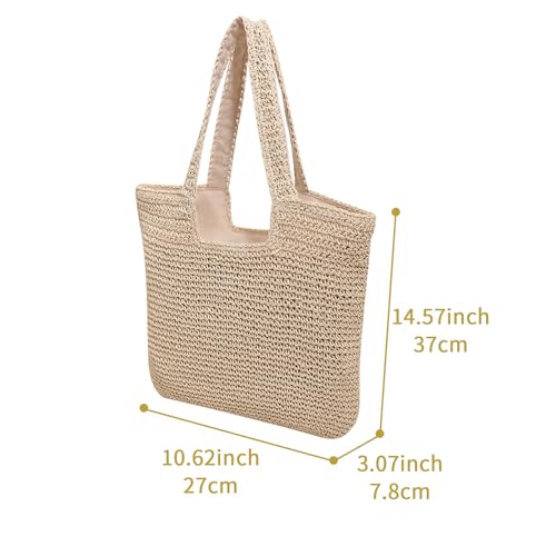 Beach Tote Bag for Women Weaving Casual Retro Bag with Zipper Closure Soft Large Shoulder Handbag Purse for Summer Travel Vacation Shopping Picnic Swim (Beige)2