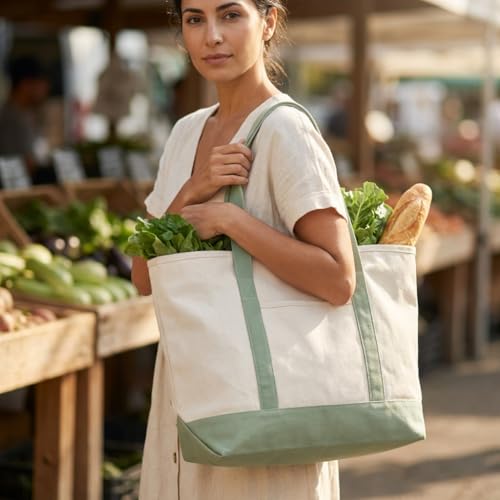 Image of Sage Green Canvas Tote Bag - Extra-Large, 22 Inch Wide, Heavy-duty, Structured Canvas Tote with Zipper Top and Exterior Pocket - 100% Cotton Tote for Shopping, Beach, Picnic, or Grocery (Sage Green) | Heavy Duty