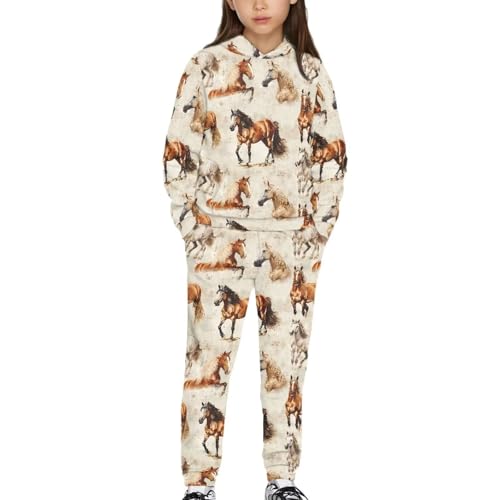 Gomyblomy Kids Hooded Sweatshirt and Sweatpants 2 Piece Jogger Set Boys Girls Tracksuit 5-12 Years Horse-theme Sweatsuit