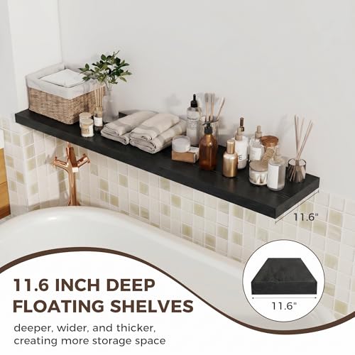 Image of Fun Memories 12 Deep Floating Shelves for Wall, 55W x 12D Extra Large Floating Shelves Set of 2, Hanging Wood Wall Shelves for Living Room, Kitchen, Bedroom, Farmhouse, Laundry Room, Office - Black
