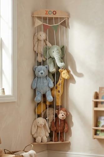 Stuffed Animal Storage Zoo with Decorative Muslin Garland - Cute Wooden Toy Storage Organizer for Kids Playroom or Nursery - Clever and Easy to Assemble Corner Wall Holder Maximizes Small Spaces