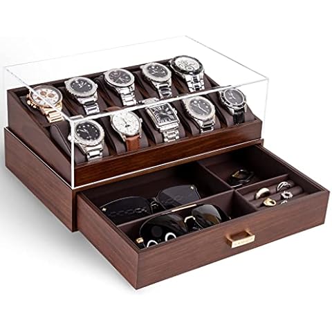 KAMIER Watch Box for Men, 10 Slots Mens Watch Case with Glass Lid, Watch Display Case With Drawer, 2-Layer Watch Holder Organizer, Jewelry and Watch Storage for Men Women, Walnut Cover