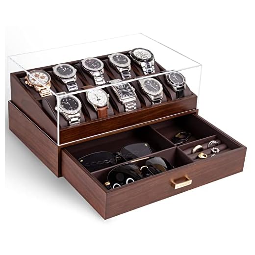 KAMIER 10 Slots Watch Box Case Organizer Display for Men,Two-Tier Wooden Watch Box Organizer For Men with watch holder and Drawer,Walnut