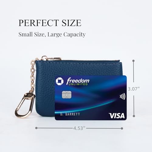 Image of Full Grain Leather Coin Purse with Key Chain - Small Change Purse Keychain Card Holder Keychain Pouch Small Keychain Wallet for Women and Men (Navy Blue), LA-2312