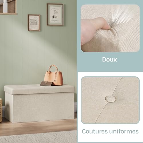 Banc de rangement pliable en lin blanc crème 76x37.5x38cm - 6