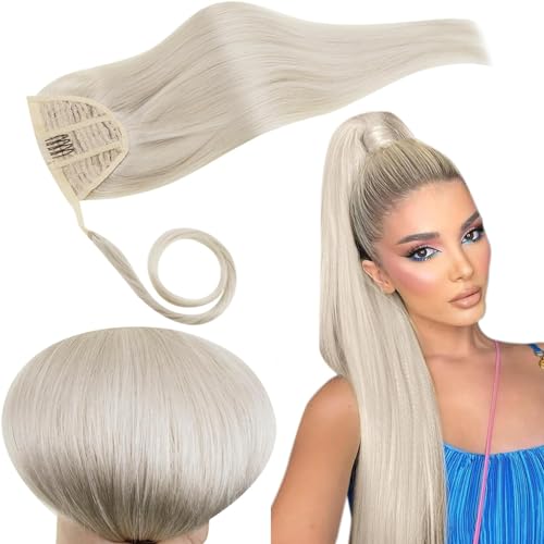 RUNATURE Blonde Ponytail Hair Extensions - Real Human Hair, White Blonde, 14 Inch, 70 Gram, 7-Ponytail-#800, 14inch/35.56cm