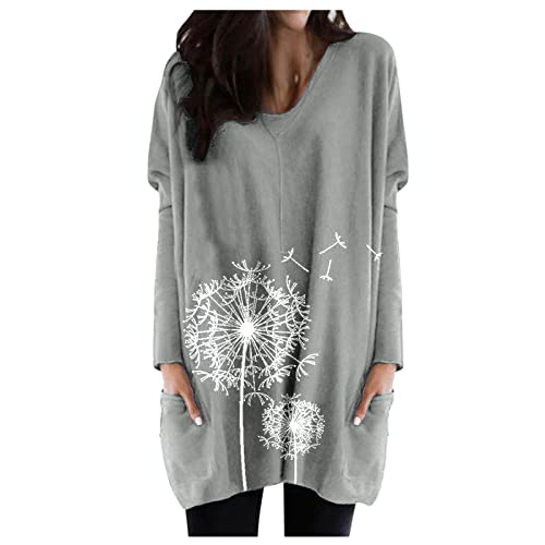 Generisch Mujer Talla Grande Camisas Top Estampado Manga Larga Cuello en V Sudadera Cálida Casual Blusas de Invierno Suéter Traje de Verano, gris, XL