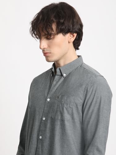 Image of THE BEAR HOUSE Men's Grey Solid Slim Fit Cotton Casual Shirt