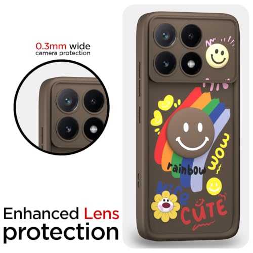 Image of Pikkme Back Cover for Poco X6 Pro 5G | Soft Silicone| Cute Rainbow Smile & 3D Cartoon Flower Design | Shockproof Raised Camera Protection Bumper Case (Brown)