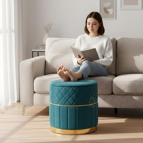 Image of ENIQE STORE Set of 2 Round Velvet Ottoman Footstool Gold Base - Tufted Upholstered Pouffe Stool for Living Room, Bedroom & Dressing Area (Aqua)