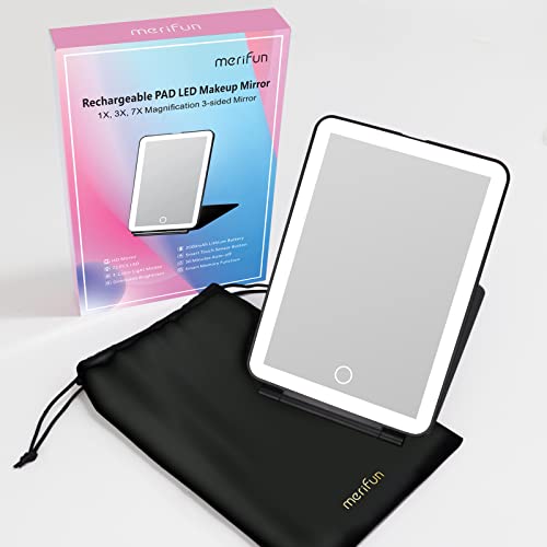 Folding Lighted Travel Makeup Mirror, 1X 3X 7X Magnifying, 3 Colors Light Modes & Brightness Dimmable, Usb Rechargeable 2000Mah Batteries, Portable Travel Mirror, Compact Vanity Mirror (Black) #TOP6