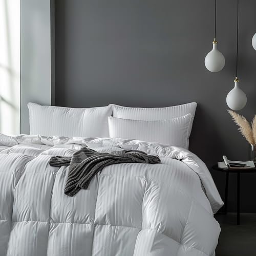 Beautyrest US Grown Cotton All Seasons Warmth Exceptional Hungarian White Goose Down Comforter King Size-750 Fill Power 500TC Damask Stripe Fabric