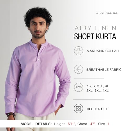 Image of SAADAA Men's Short Kurta - Linen Cotton Blend, Airy Fabric, Regular Fit, Mandarin Collar, Solid Color - Casual, Festive & Ethnic Wear