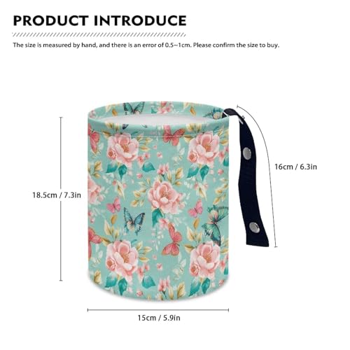 Image of Pink Roses Butterflies Car Trash Bin Folding Vehicle Garbage Small Mini Front Back Seat Rubbish Basket with Strap Travel Garbage Organizer Bag Accessories, Keep Tidy Pink