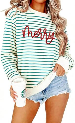 Christmas Sweatshirts For Women Merry Sequin Glitter Patch Striped Pullover - image 1