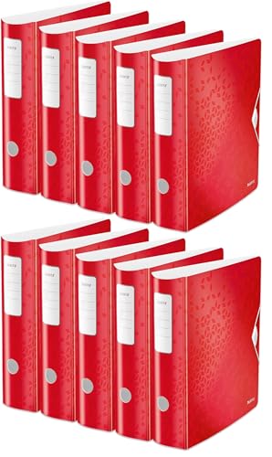 Leitz Qualitäts-Ordner 180° Active WOW, 10er Pack, A4, Breit, abgerundeter Rücken, 8,2 cm breit, Gummibandverschluss, mit Innentaschen, WOW Serie, Rot, 11060026