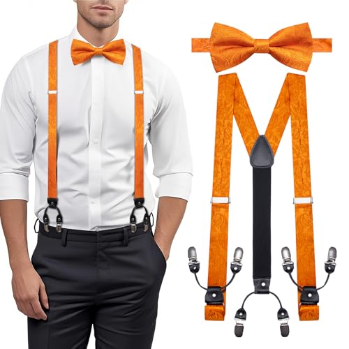 Image of YOHOWA Men Suspenders 6 Clips Strength Adjustable Y Braces Pre-Tied Bow Tie Set Formal Wedding Party