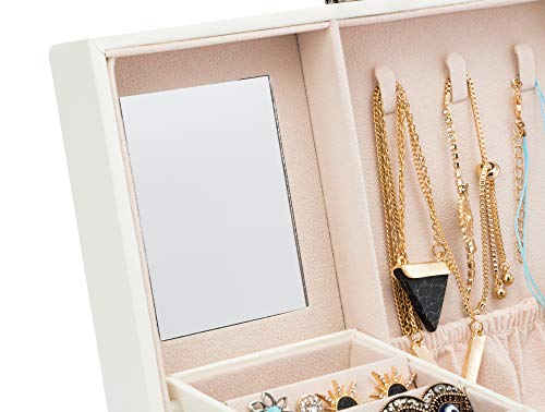 Jewelry Box Organizer Three-Layers Leather Jewelry Display Case With Retro Lock And Mirror (Three-Layers, Cream White) #TOP4