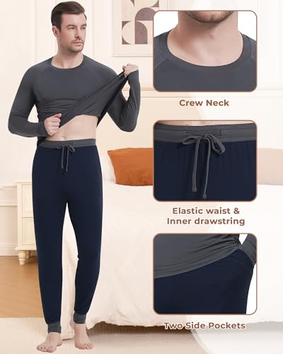 Image of NACHILA Mens Pajamas Set Long Sleeve Henley Sleepwear Top Soft Jogger Pants Pajamas Cool Pjs Set,Viscose Made from Bamboo