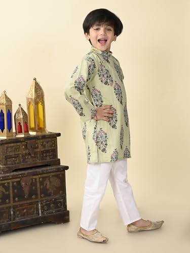 Image of superminis Boys Cotton Full Sleeves Side Open Sanganeri Printed Kurta With Pyjama Set