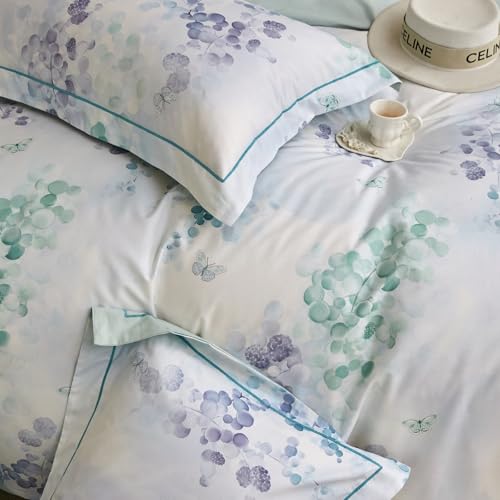 VM VOUGEMARKET Purple Green Duvet Cover Set King,3 Pieces Leaves Plants Duvet Cover with 2 Pillow Shams 100% Cotton Down Comforter Quilt Cover with Zipper