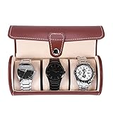 Bewinner Portarotolo per Orologio con 3 Cilindri a Griglia - Vetrina per Orologio da Polso in Pelle PU e Scatola Portaoggetti per Uomo, Confezione Regalo per Gioielli (BROWN)