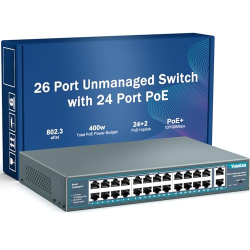 Yuanley 24 Port PoE Switch with 2 Gigabit Ethernet Uplink Port, Unmanaged 26 Port 802.3af/at 400W Power PoE+ Network Switch, Rackmount Plug and Play by YuanLey - Used condition - US$83.70