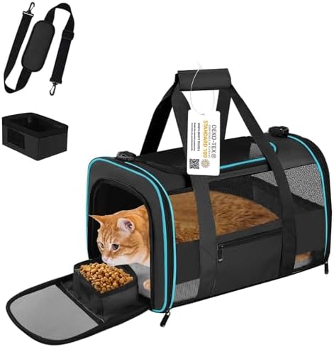 Soft – Sided Pet Carrier for Cats and Small Dogs, Airline – Approved, Black Travel Tote with Mesh Windows, Foldable Bowl, Shoulder Strap, Oeko – TEX Certified