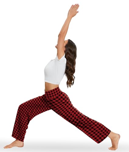 Image of Gracyoga Plaid Pajama Wide Leg Pants for Women Casual Comfy Yoga Pants High Waisted Lounge Palazzo Pants with Pockets L