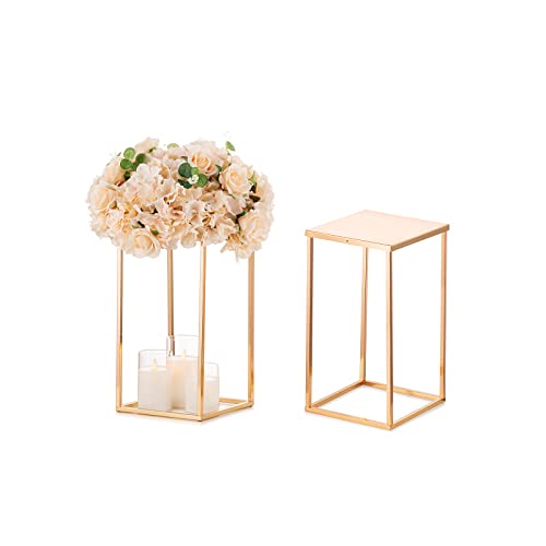 Sziqiqi 40cm Doré Rectangle Centre de Table Mariage Vase avec Assiettes - 2 Pièces Géométriques Vases Centre de Table Fleur en Métal Vase Mariage Haut...