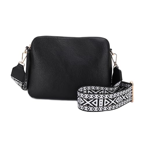 JESSIE & JAMES Rebecca Triple Compartment Lock and Key Lightweight Medium Crossbody Purse with Guitar Strap