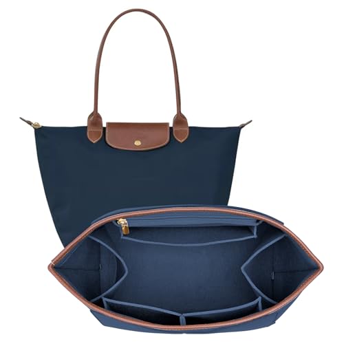 DOIAPUOS Bolsa organizadora de feltro para bolsa Longchamp Le Pliage M, bolsa de mão com borda de couro, inserção organizadora Longchamp (azul escuro, médio)