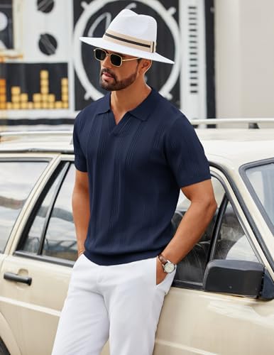 Image of COOFANDY Mens Knit Polo Shirts V Neck Textured Polo Shirts Short Sleeve Breathable Polo Casual Collared T Shirt Fashion Tops
