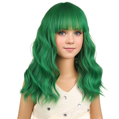 Image of PATTNIUM Kids Green Wig for Girls Green Child Wig with Bangs Short Wavy Wigs for Kids Shoulder Length Heat Resistant Synthetic Wigs