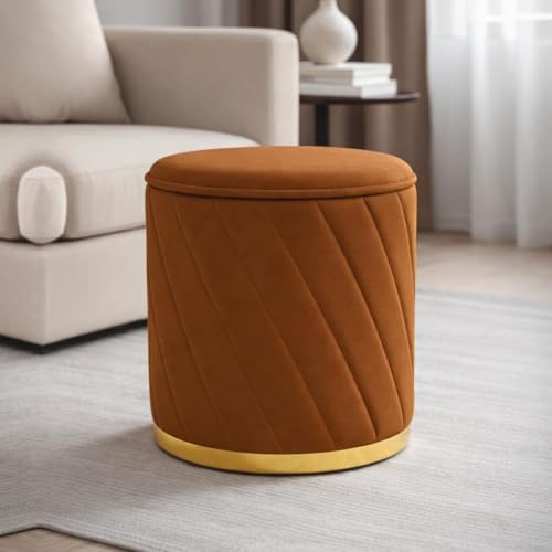 Luxury Velvet Ottoman Stool for Living Room & Bedroom | Premium Round Pouffe with Gold Metal Base | Modern Footrest, Extra Seating & Home Décor (Brwon