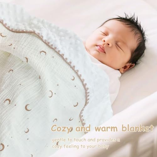 Image of Baby Blanket Cotton Muslin Swaddle Thick Crib Bedding Dotted Backing Double Layer Receiving Blanket 40 inchx40 inch (Moon Stars)