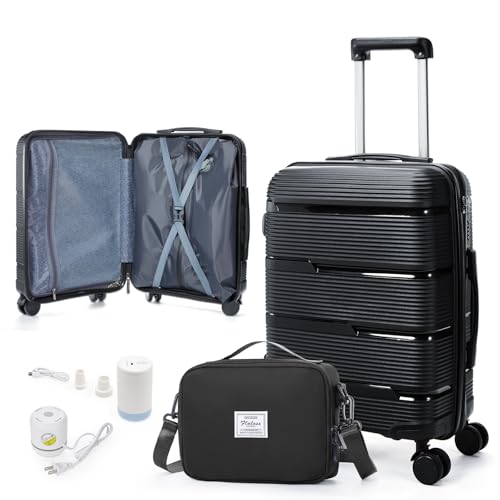 Vacuum Compression Carry On Luggage 22x14x9 Airline Approved,20-Inch Small Carry On Vacuum Travel Luggage With Wheels And TSA Lock,Lightweight Durable Hard Shell Suitcases With Pumps,Black
