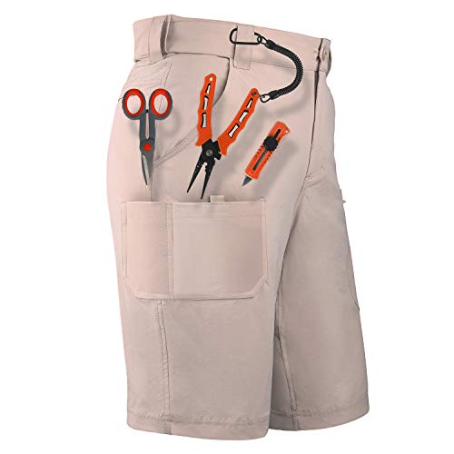 Palmyth Men's Fishing Short Quick Dry 10.5” Sun Protection UV UPF 50+ Cargo Shorts Water Resistant Great for Saltwater Freshwater Fly Fishing, Lure Fishing (Khaki/Sailfish, Small)